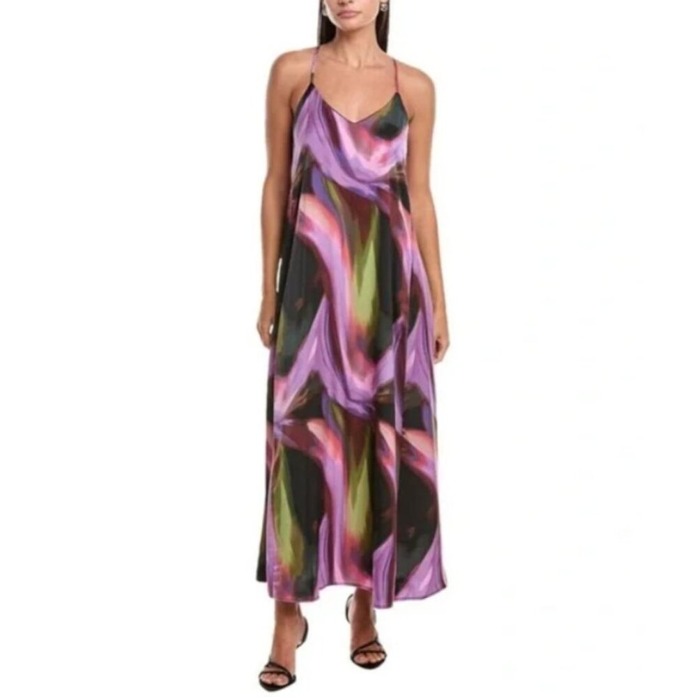NWT Nicole Miller "Mecca" Abstract Print Satin Maxi Dress Size L Purple Green